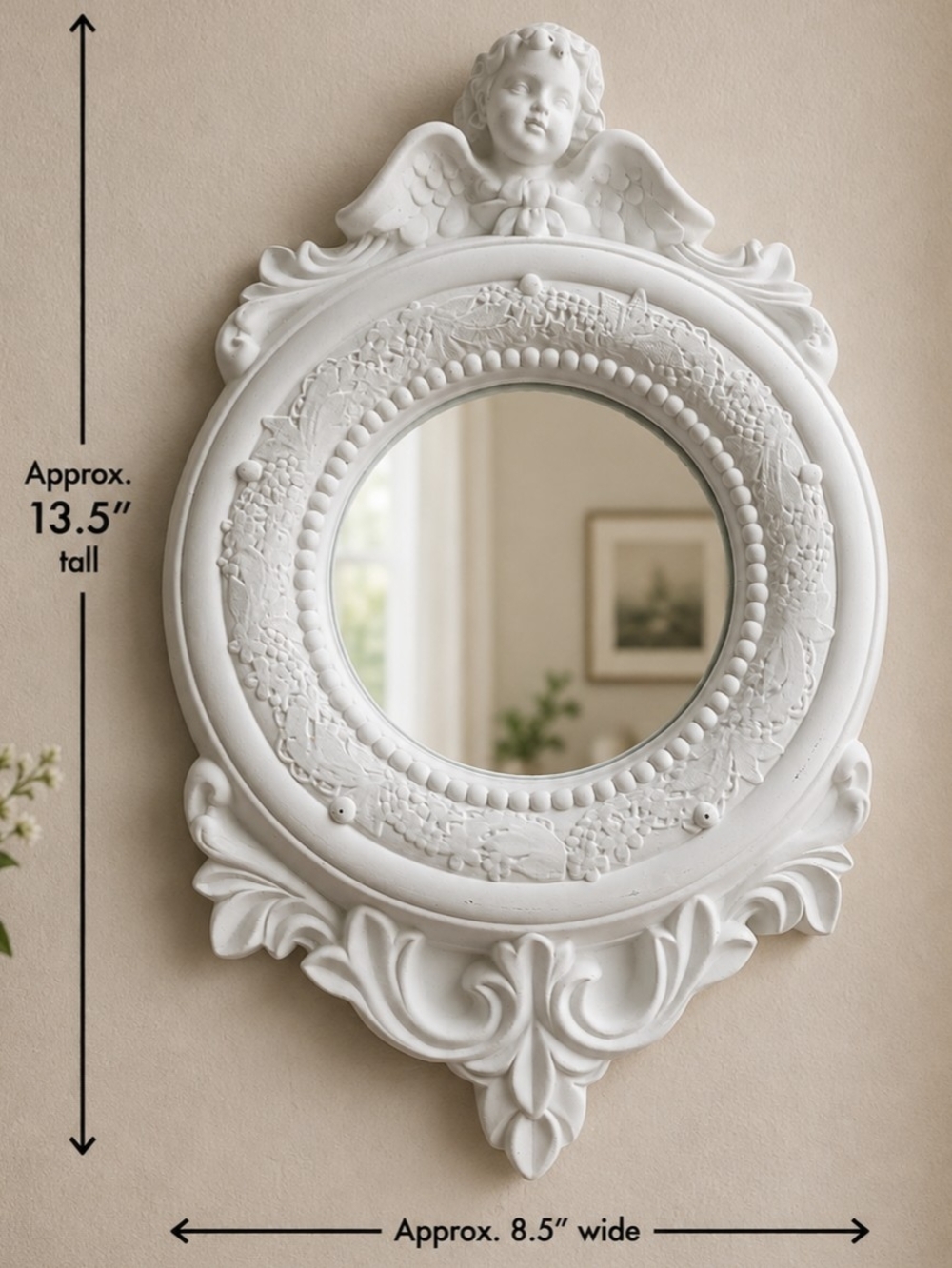 Vintage Chalkware Cherub Wall Mirror 13.5” Ornate White 90s Celestial Angel